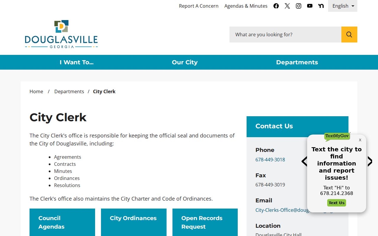 Douglasville open records center and City Clerk request information
