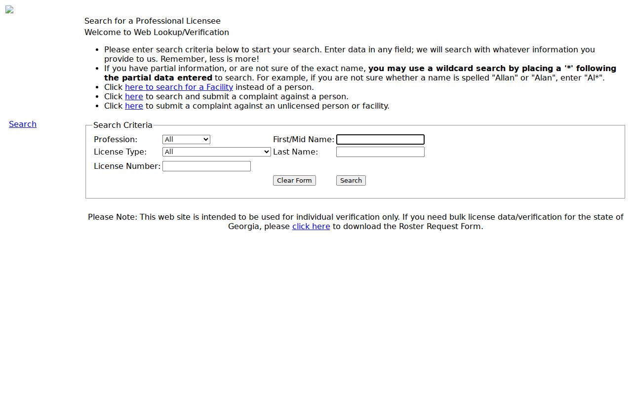 Douglasville records lookup fields in the Georgia professional license search